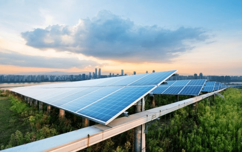 photovoltaic solar electricity panels with cityscape singapore | Peace Evolution